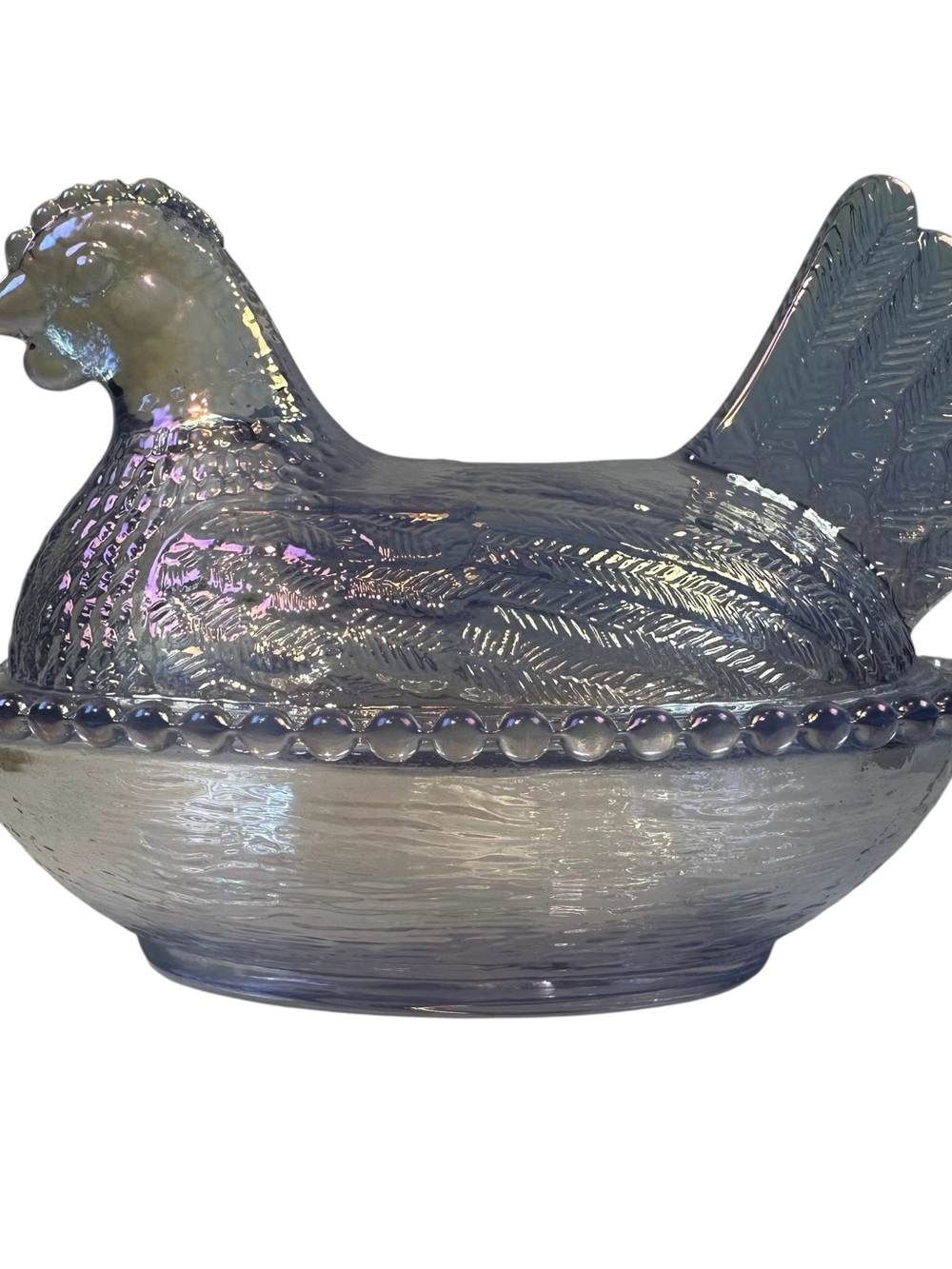 Rose’s Closet Pale Purple Carnival Glass Hen on Nest 3.5” tall New